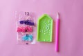 Tools - stylus for gluing diamond mosaic and green plastic tray, small beads in bags