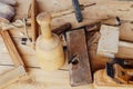 Tools to work with the carpenter`s wood on the table as a background Royalty Free Stock Photo