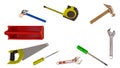 Tools toolbox kit hammer metre wrench screwdriver saw top view isolated background - 3d rendering