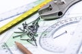 Tools on top of a floor plan Royalty Free Stock Photo