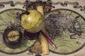 Tools traveler - Compass, globe, map, pencil, ruler.
