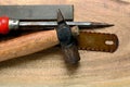 Tools used by a carpenter on wooden background Royalty Free Stock Photo