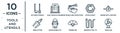 tools.and.utensils linear icon set. includes thin line kitchen utensils, two bowls and chopsticks, engine with lighting bolt,