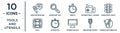 tools.and.utensils linear icon set. includes thin line news microphone and speech bubbles, minute, semaphore lights, stopwatch,