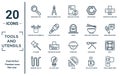 tools.and.utensils linear icon set. includes thin line searching tool, exercise with dumbbells, attached, hosepipe tool to