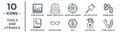 tools.and.utensils linear icon set. includes thin line sound wave bars, orientation compass, rubber bands, reading glasses, Royalty Free Stock Photo