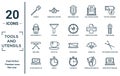 tools.and.utensils linear icon set. includes thin line utensils, water bomb city supplier, iron table, stocks graphic on laptop