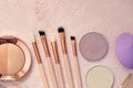 Tools for women`s makeup, brushes for applying powder, eye shadow and lip gloss, beauty blender Royalty Free Stock Photo