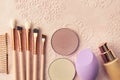 Tools for women`s makeup, brushes for applying powder, eye shadow and lip gloss, beauty blender Royalty Free Stock Photo