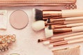 Tools for women`s makeup, brushes for applying powder, eye shadow and lip gloss Royalty Free Stock Photo