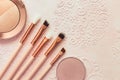 Tools for women`s makeup, brushes for applying powder, eye shadow and lip gloss Royalty Free Stock Photo