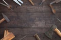 Tools on wooden surface composition. wooden surface