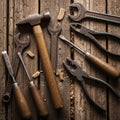 Tools on a wooden surface includes a hammer with a wooden handle, Royalty Free Stock Photo