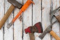 Many assorted hand tools for rustic jobs Royalty Free Stock Photo