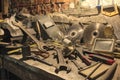 Tools in workshop, Retro stylized old tools on iron table Royalty Free Stock Photo