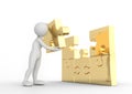 Toon man completes golden puzzle jigsaw. Concept of business solution Royalty Free Stock Photo