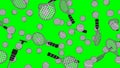 Toon style gray tennis balls and tennis rackets on green chroma key background.