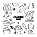 Cooking, baking kitchen element set with simple hand drawn sketching style