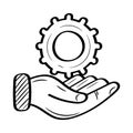 Hands holding Gear icon vector illustration with simple hand drawn doodle design