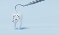 Tooth afraid of dental inspection hooks for yearly oral health check cause of tooth decay on blue background. Health care and