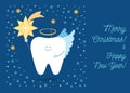 Tooth angel holding Christmas Star. Greeting card from a dentistry. Merry Christmas and a Happy New Year Royalty Free Stock Photo