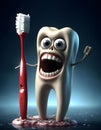 A tooth with arms and legs holding a red toothbrush in an animated cartoon style