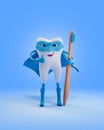 Tooth as super hero with wooden toothbrush. Render 3d