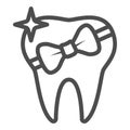 Tooth with bow line icon, International dentist day concept, Healed tooth sign on white background, tooth gift icon in