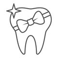 Tooth with bow thin line icon, International dentist day concept, Healed tooth sign on white background, tooth gift icon