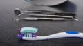 Tooth brush and paste with dental tools. Clean your teeth scene Royalty Free Stock Photo