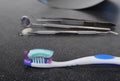 Tooth brush and paste with dental tools. Clean your teeth scene Royalty Free Stock Photo