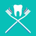Tooth, brush and paste. Toothbrush with toothpaste flat icon. Clean white tooth. Care for dental hygiene and healthy. Logo for Royalty Free Stock Photo