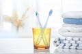 Tooth brushes and towels stack in bathroom.Tothbrush in glass on table,morning hygiene Royalty Free Stock Photo