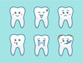 Tooth cartoon emoji fun cute character mascot with various expression face set for children dentist illustration