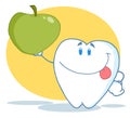 Tooth character holding up a green apple