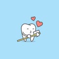 Tooth character love with toothbrush illustration vector on blue