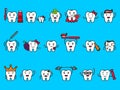 Tooth characters set. Happy teeth hold brush and toothpaste, , dental clinic mascot icons, cute dentistry, comic braces Royalty Free Stock Photo
