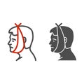 Tooth and cheek hurts line and solid icon, disease concept, Toothache sign on white background, human head in bandage
