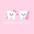 Tooth couple in love with toothpaste, toothbrush, hearts and sparkles.