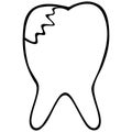 Tooth with crack icon. Vector illustration. Contour on an isolated background. Dental care. Medical topics. Sketch. Doodle style.