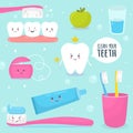 Tooth. Cute character. Teeth, toothpaste, dental floss, green apple, toothbrush, glass. Flat style. Royalty Free Stock Photo