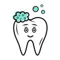 Tooth cute character with toothpaste and bubbles. Linear doodle icon