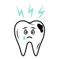 Tooth cute sad character with caries crying. Linear doodle icon