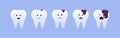 Tooth decay concept. Vector flat character illustration. Stages of teeth caries with face isolated on blue background. Emotions Royalty Free Stock Photo