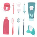 Tooth dentist flat design set with brush and dentist's tools