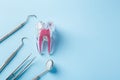 Tooth with dentist tools, dental care and treatment on blue background, top view