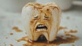 Tooth with a face expressing pain and disgust drenched in brown liquid Royalty Free Stock Photo