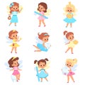 Tooth fairies. Cute little winged girls in different dresses with dental care accessories and teeth, baby stories, kids Royalty Free Stock Photo