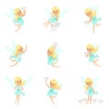 Tooth Fairy, Blond Little Girl In Blue Dress With Wings And Baby Teeth Set Of Cute Girly Cartoon Fantastic Fairy-Tale Royalty Free Stock Photo