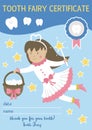 Tooth fairy certificate for teeth lost. Cute vector document for kids. Funny card template with kawaii fantasy princess. Dental